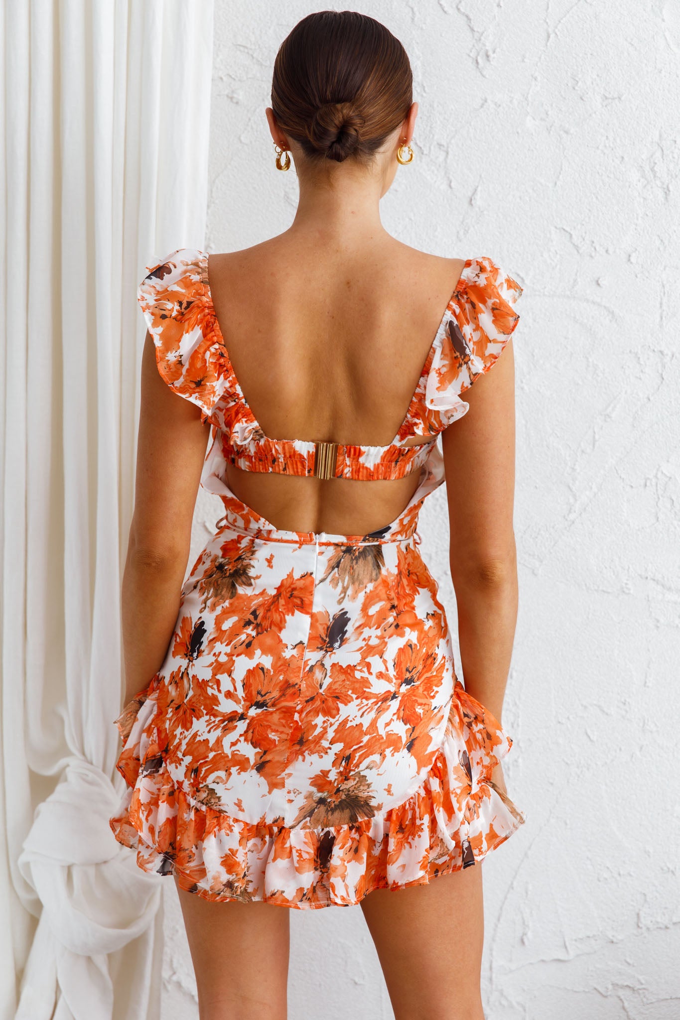 Liz Gathered Bust Frill Trim Dress Abstract Floral Orange by Selfie Leslie