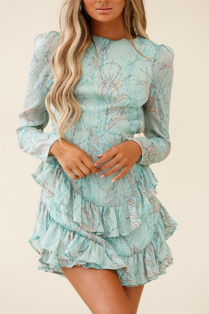 Liz Long Sleeve Double Ruffle Dress Leaf Print Mint by Selfie Leslie