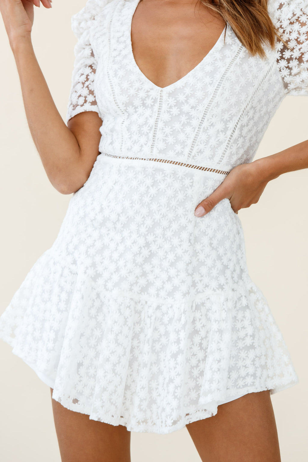 Adelia Ruched Puff Sleeve Floral Embroidery Dress White by Selfie Leslie