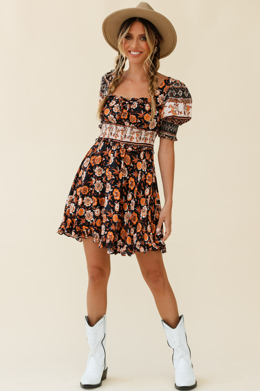 Summer In Paris Puff Sleeve Open Back Dress Floral Print Black Multi by Selfie Leslie