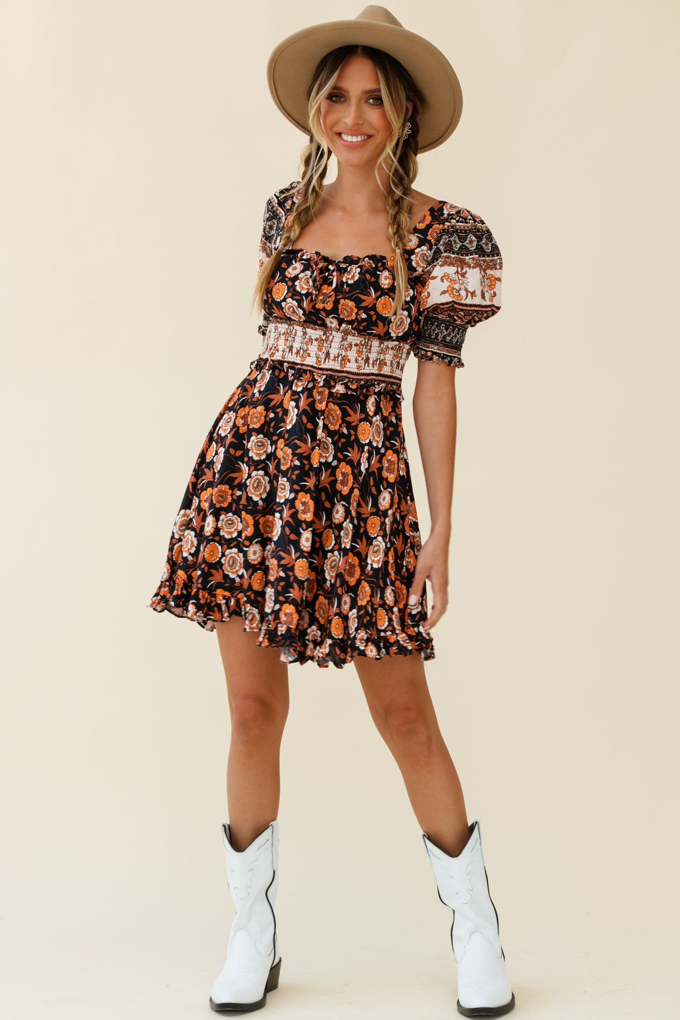 Summer In Paris Puff Sleeve Open Back Dress Floral Print Black Multi by Selfie Leslie