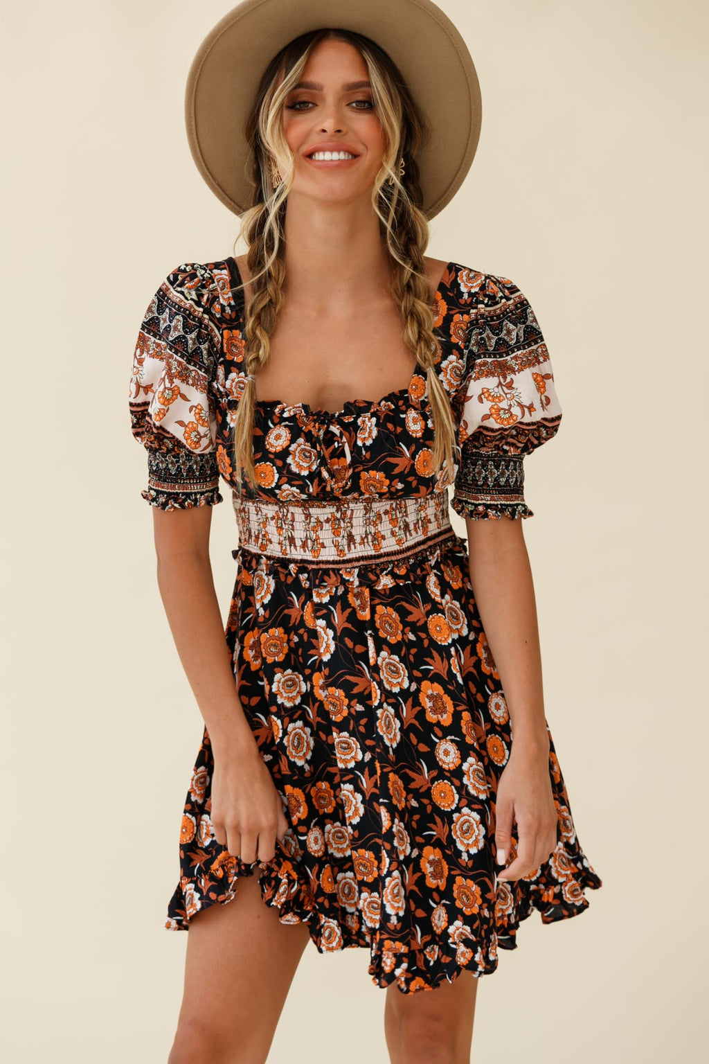 Summer In Paris Puff Sleeve Open Back Dress Floral Print Black Multi by Selfie Leslie