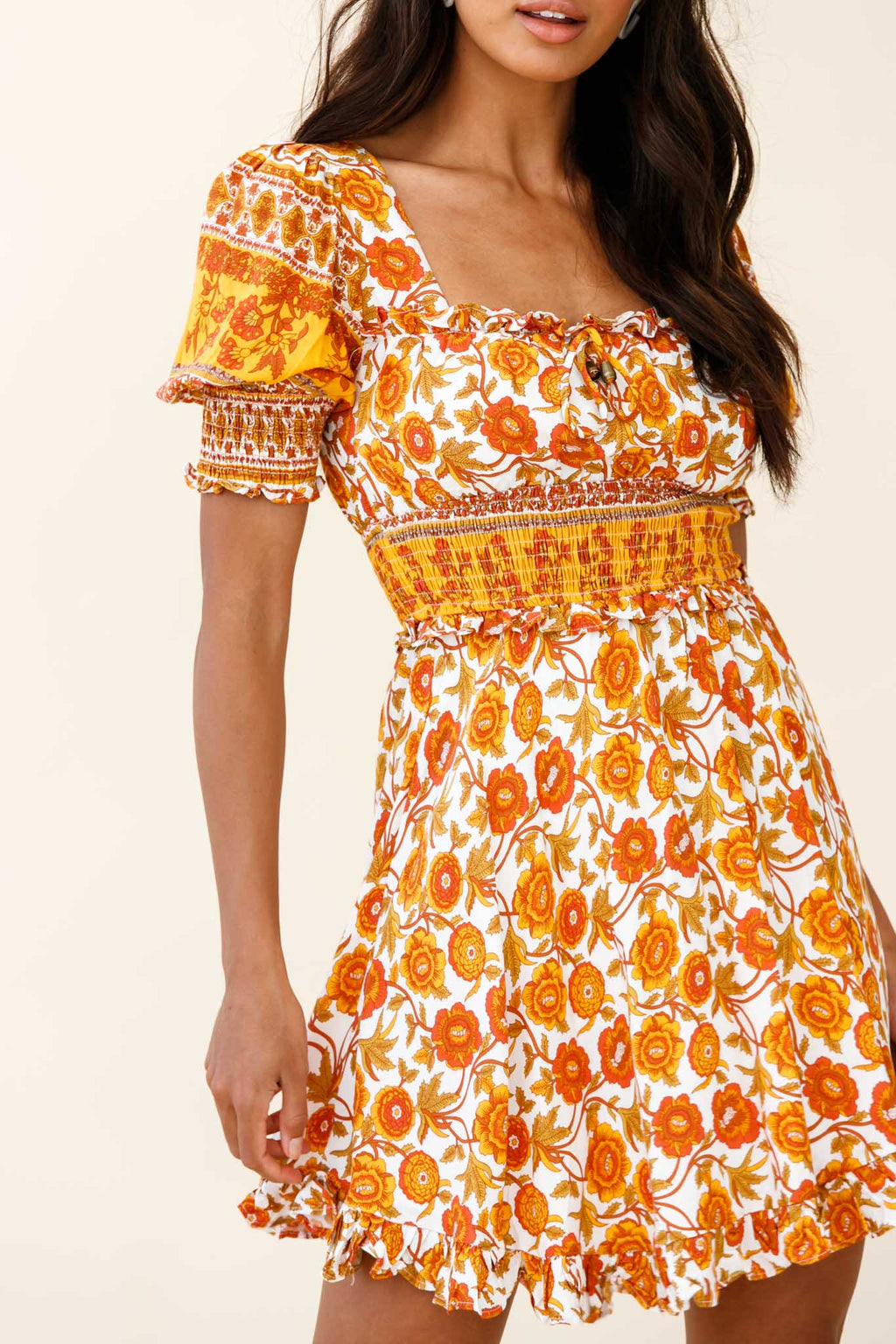 Summer In Paris Puff Sleeve Open Back Dress Floral Print Mustard Multi by Selfie Leslie