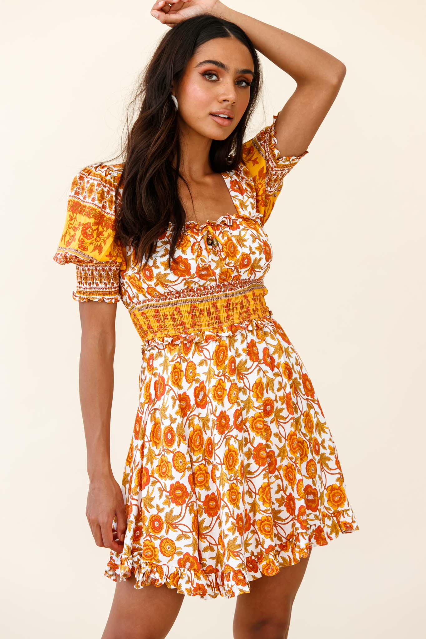 Summer In Paris Puff Sleeve Open Back Dress Floral Print White/Pink main image 0
