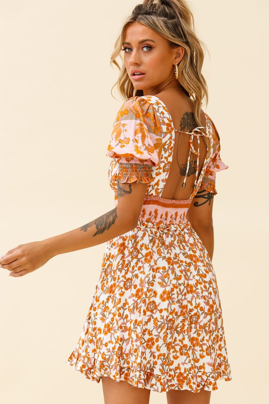 Summer In Paris Puff Sleeve Open Back Dress Floral Print White/Pink by Selfie Leslie