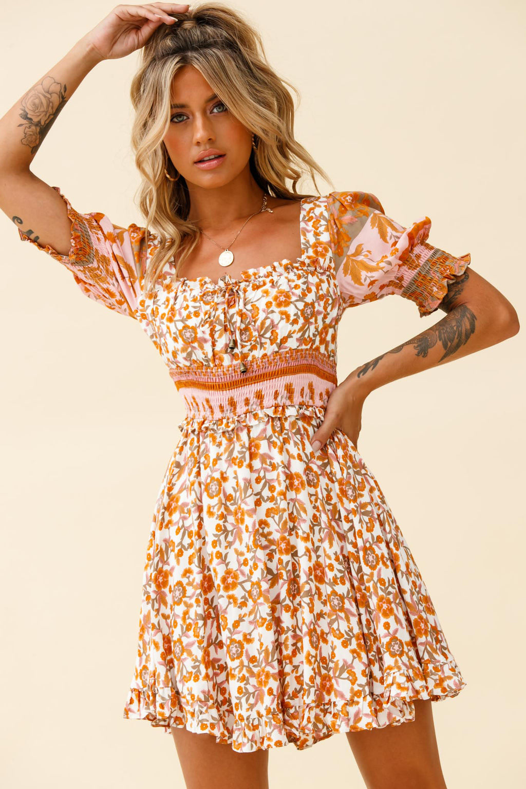 Summer In Paris Puff Sleeve Open Back Dress Floral Print White/Pink by Selfie Leslie