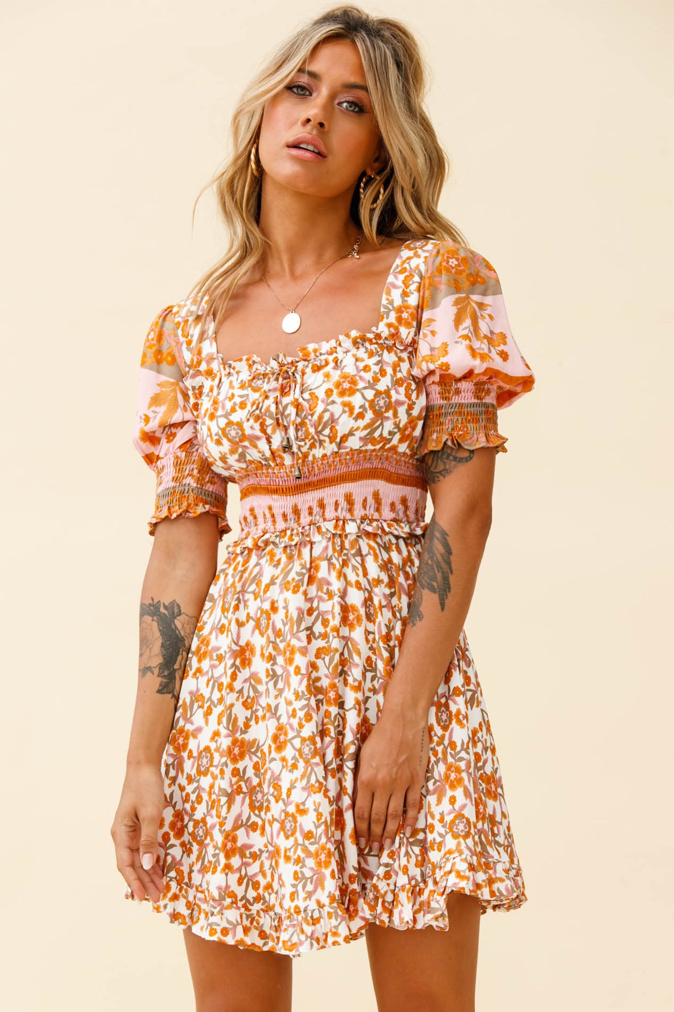 Summer In Paris Puff Sleeve Open Back Dress Floral Print White/Pink by Selfie Leslie