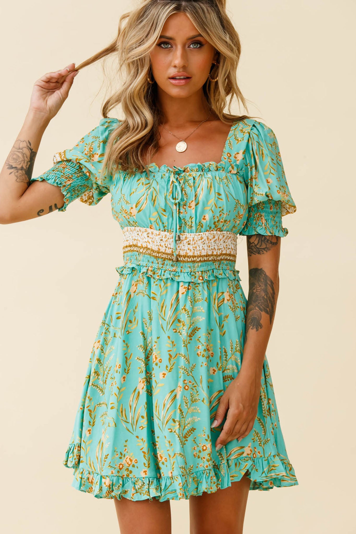 Summer In Paris Puff Sleeve Open Back Dress Botanical Print Mint by Selfie Leslie