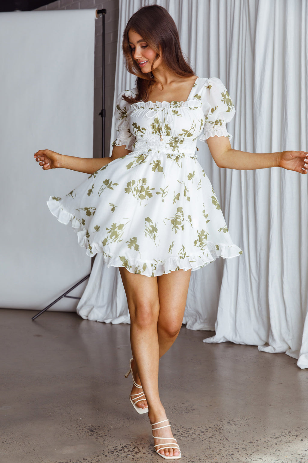Summer In Paris Puff Sleeve Open Back Dress Floral Olive by Selfie Leslie