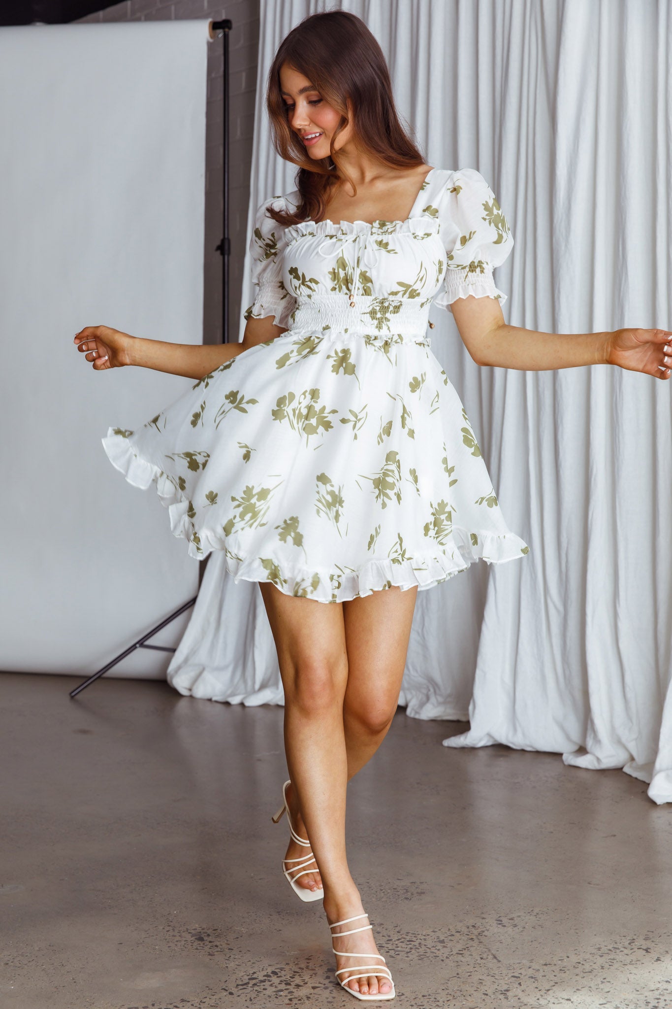 Summer In Paris Puff Sleeve Open Back Dress Floral Olive by Selfie Leslie