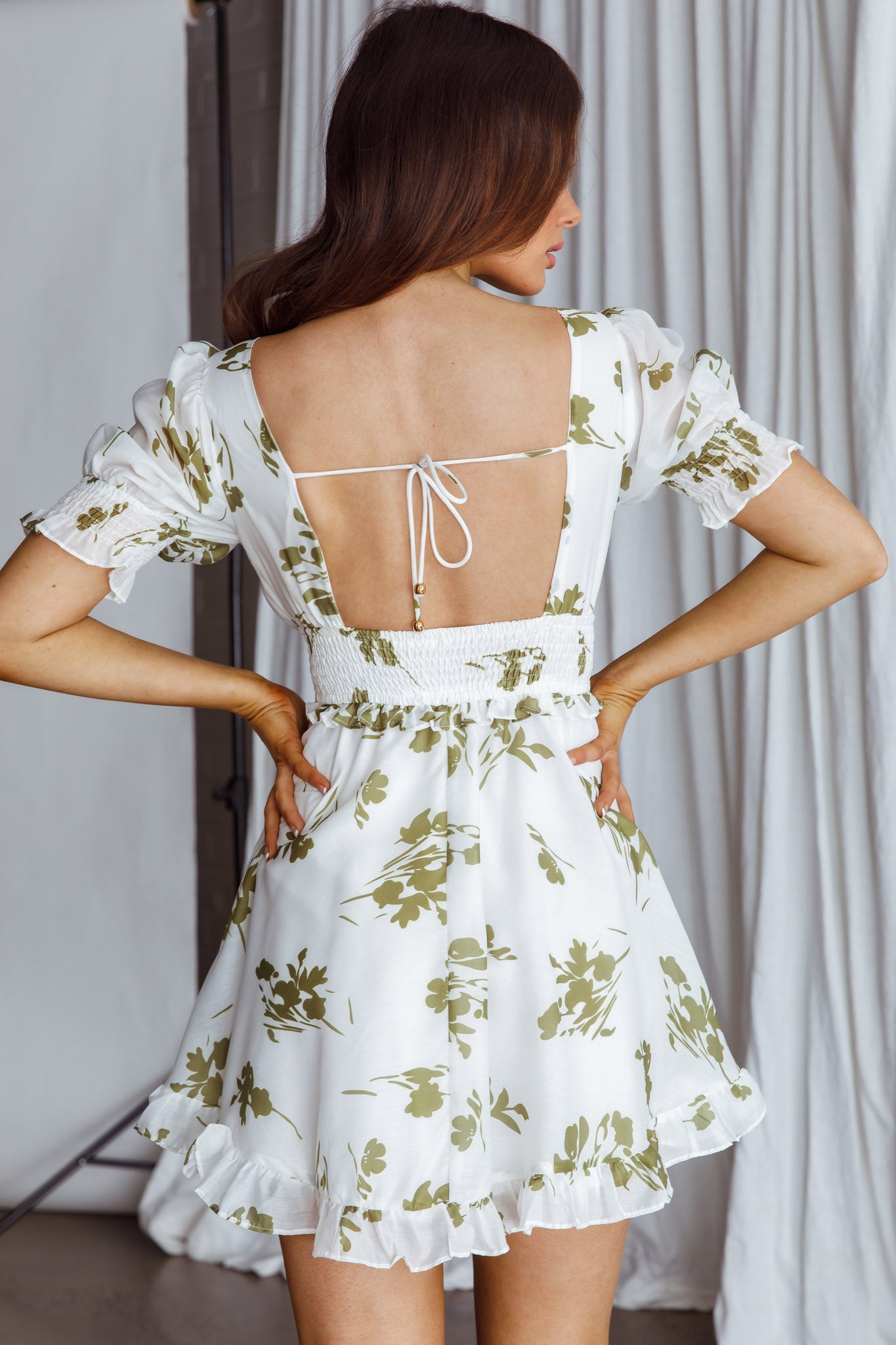 Summer In Paris Puff Sleeve Open Back Dress Floral Olive Selfie Leslie