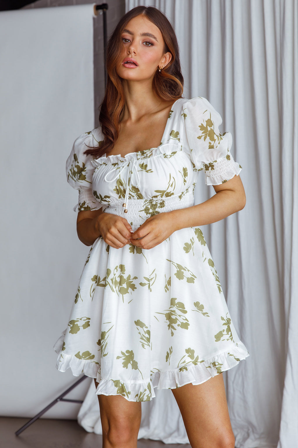 Summer In Paris Puff Sleeve Open Back Dress Floral Olive by Selfie Leslie