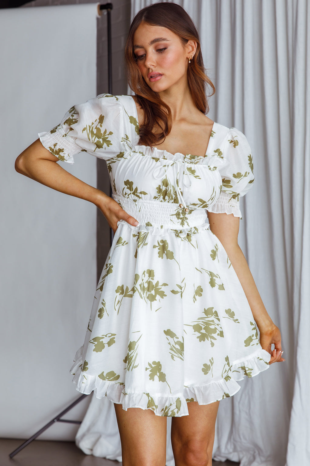 Summer In Paris Puff Sleeve Open Back Dress Floral Olive by Selfie Leslie
