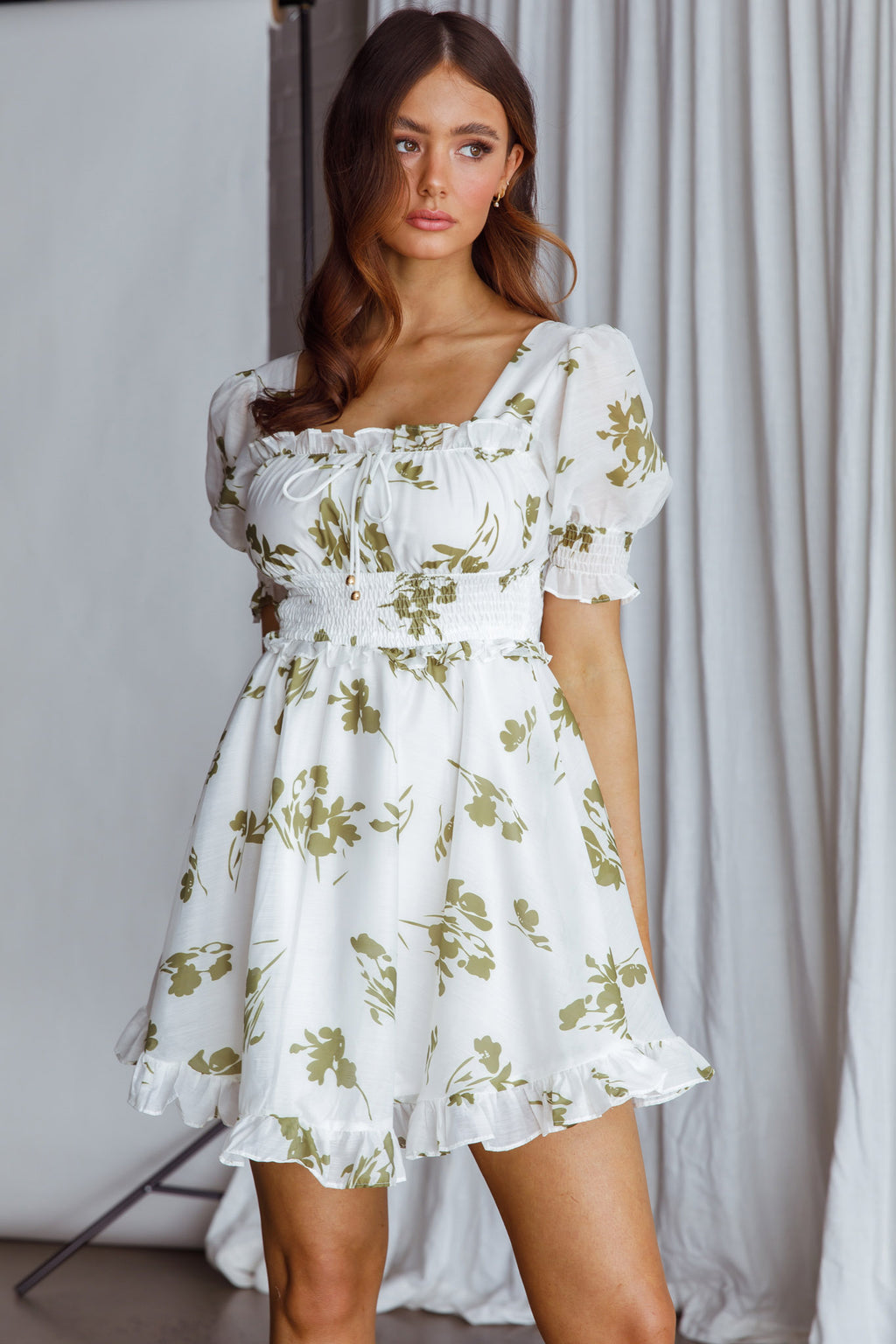 Summer In Paris Puff Sleeve Open Back Dress Floral Olive by Selfie Leslie