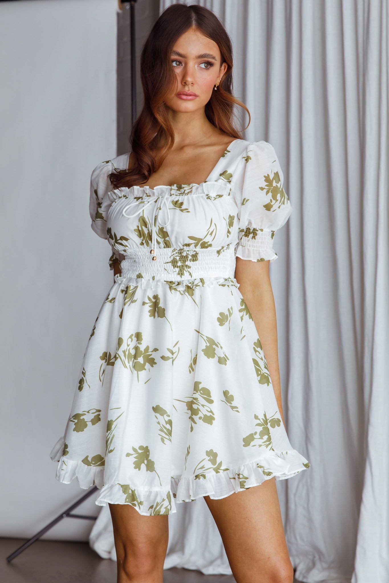 Summer In Paris Puff Sleeve Open Back Dress Floral Olive by Selfie Leslie