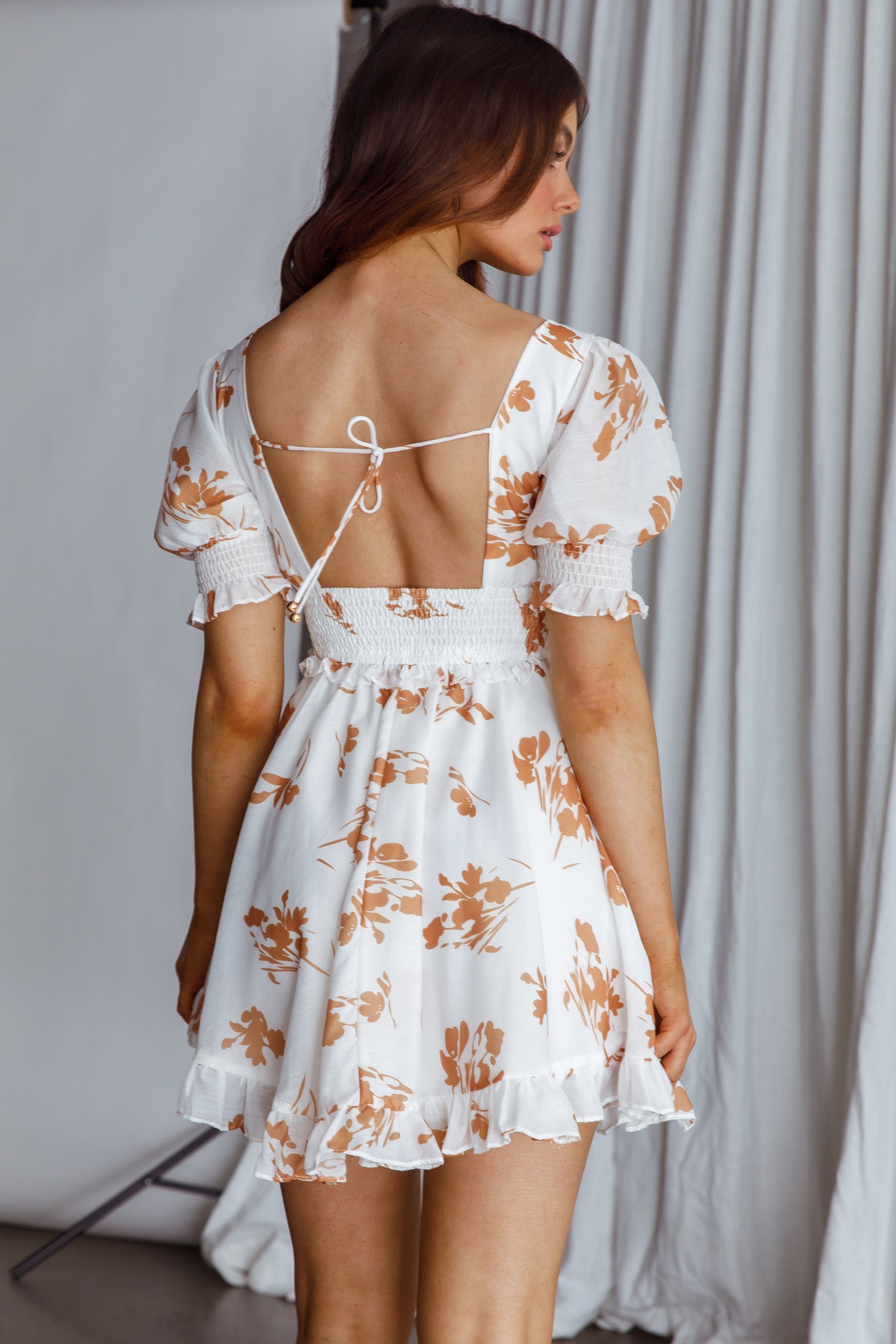 Summer In Paris Puff Sleeve Open Back Dress Floral Tan by Selfie Leslie