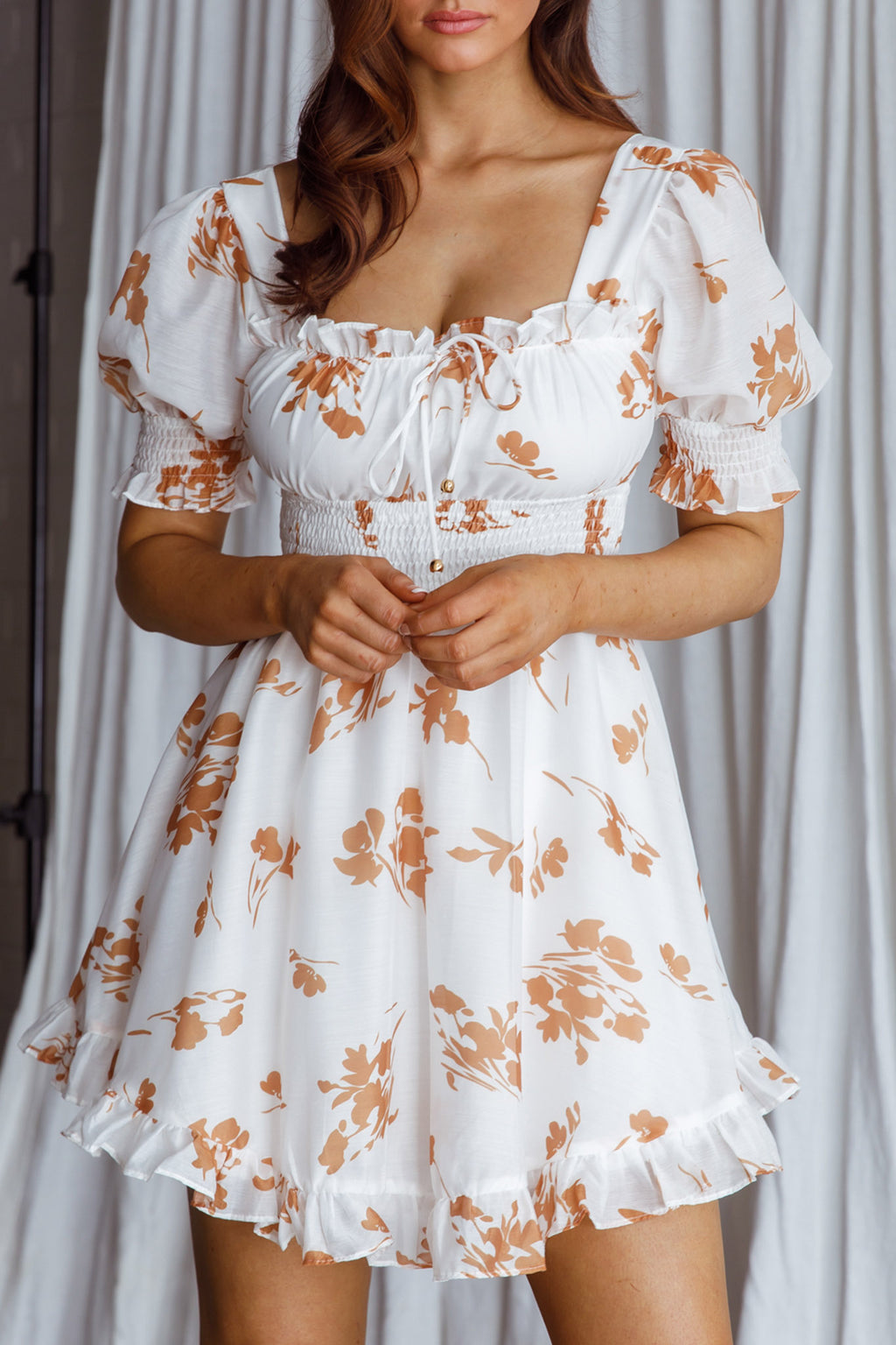 Summer In Paris Puff Sleeve Open Back Dress Floral Tan by Selfie Leslie