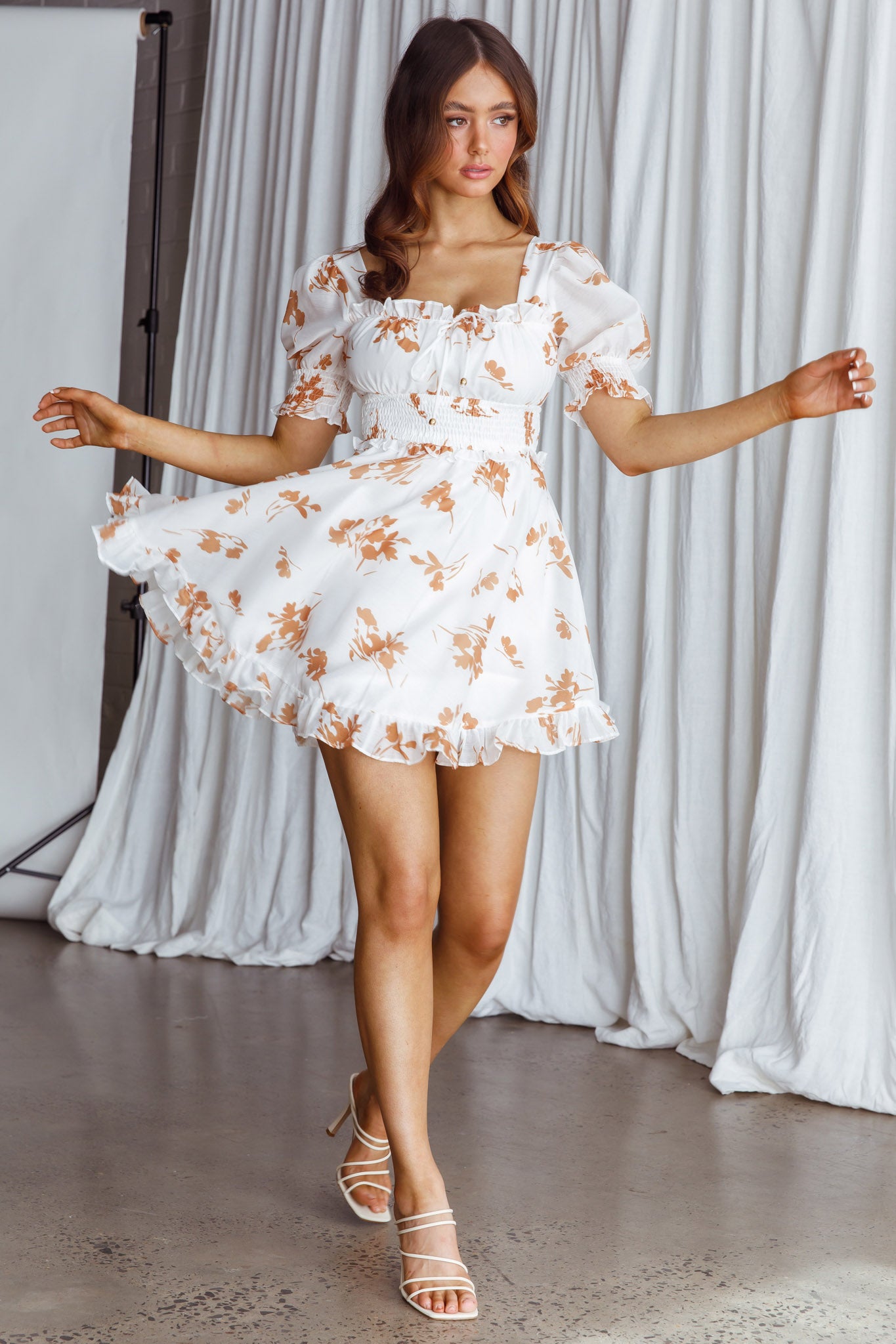 Summer In Paris Puff Sleeve Open Back Dress Floral Tan by Selfie Leslie