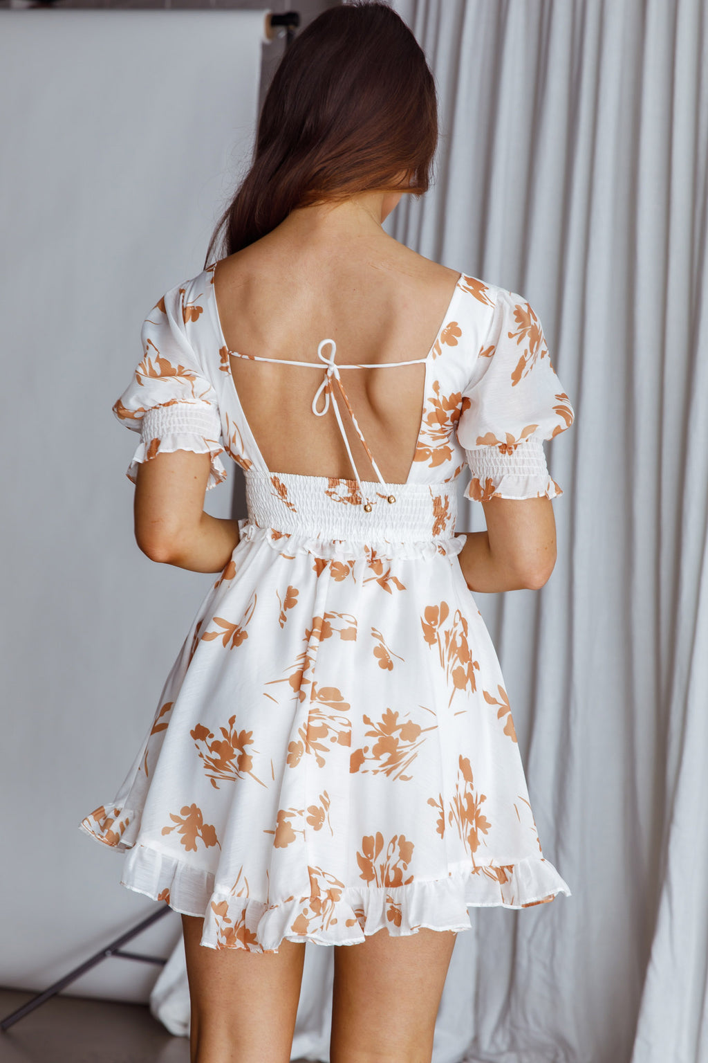 Summer In Paris Puff Sleeve Open Back Dress Floral Tan by Selfie Leslie