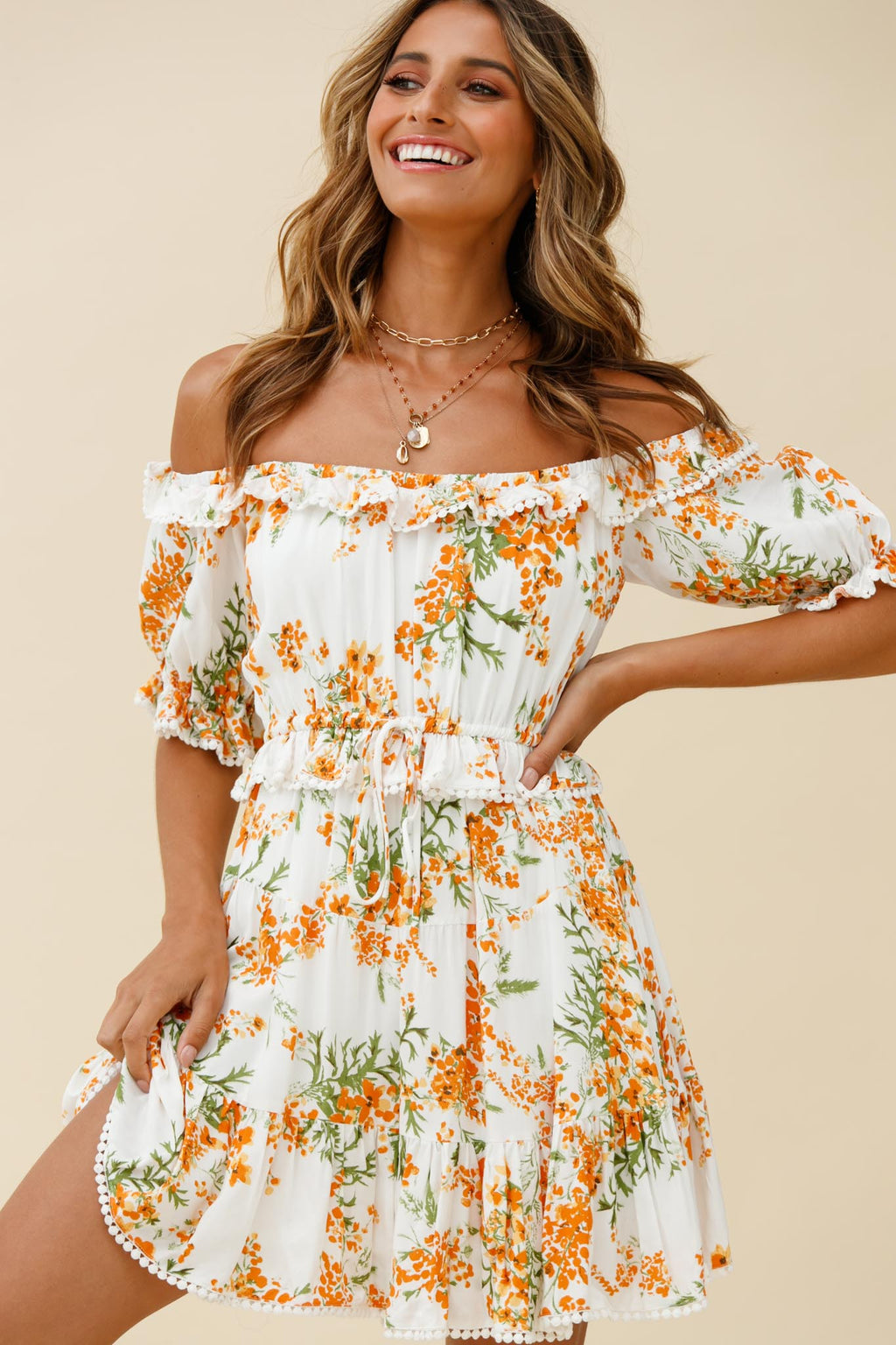 Sierra Bonita Off-Shoulder Drawstring Waist Dress Floral Print Orange Multi by Selfie Leslie