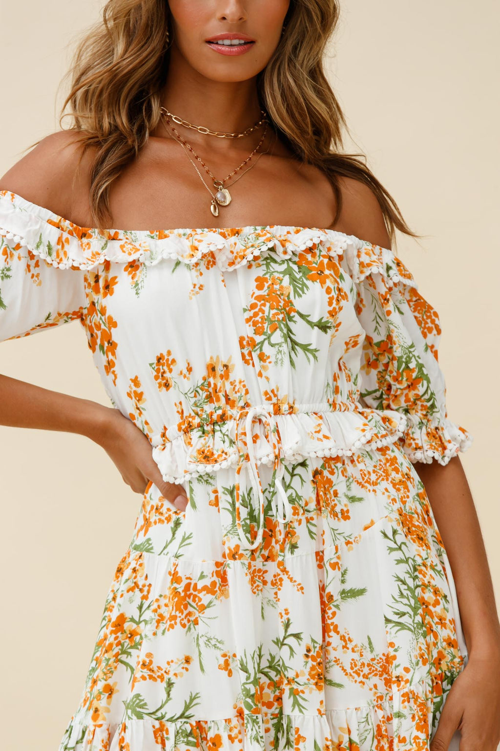 Sierra Bonita Off-Shoulder Drawstring Waist Dress Floral Print Orange Multi by Selfie Leslie