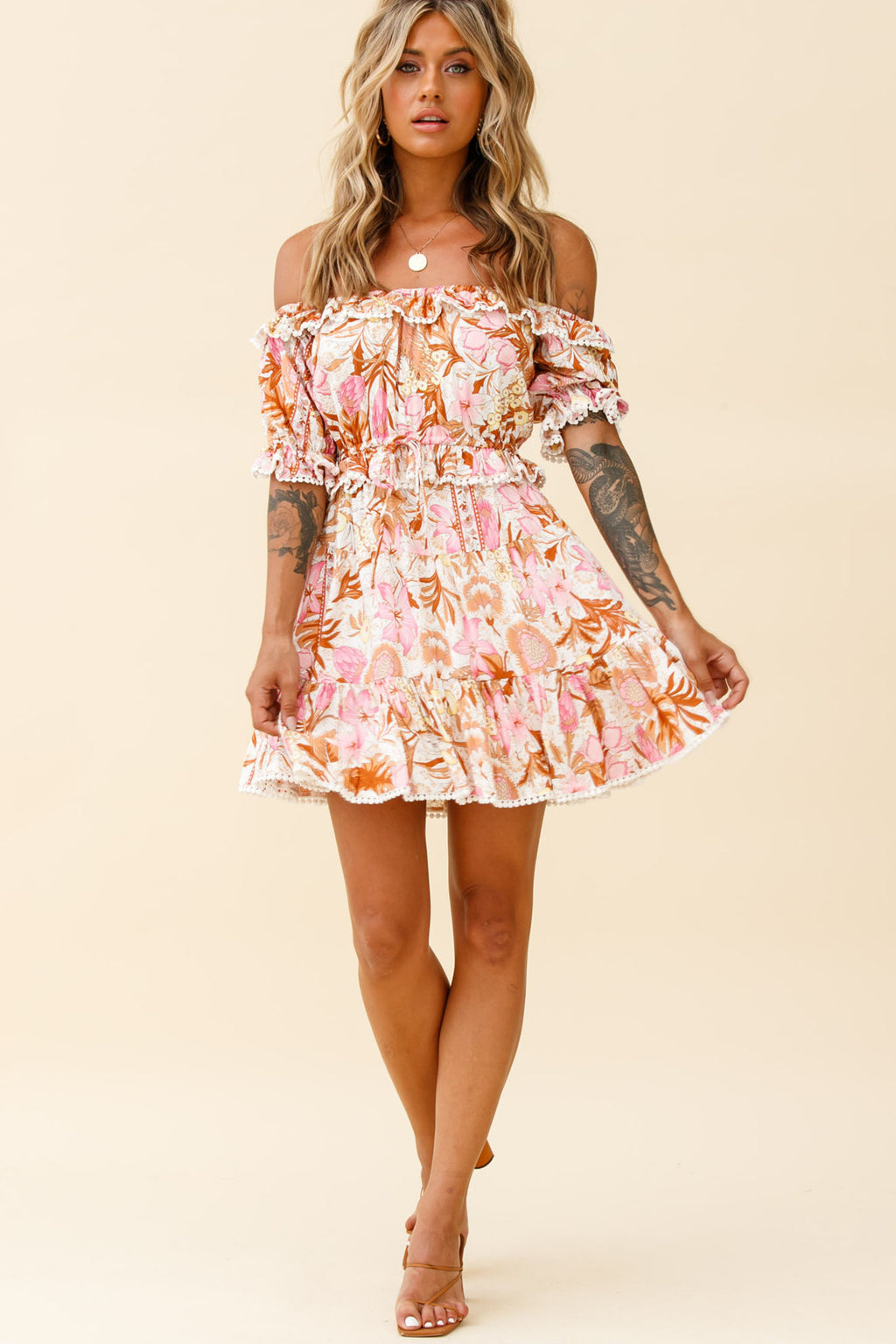 Sierra Bonita Off-Shoulder Drawstring Waist Dress Floral Print Pink Multi by Selfie Leslie