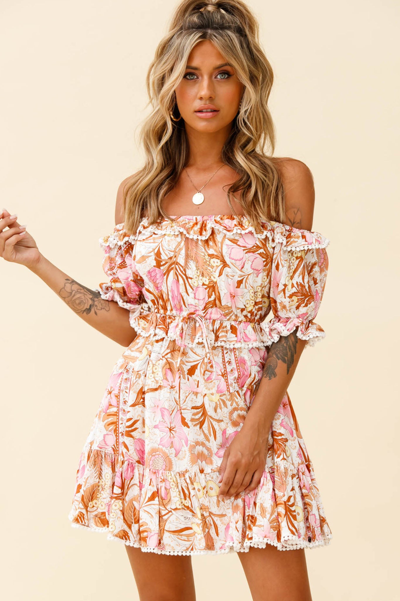 Sierra Bonita Off-Shoulder Drawstring Waist Dress Floral Print Pink Multi by Selfie Leslie