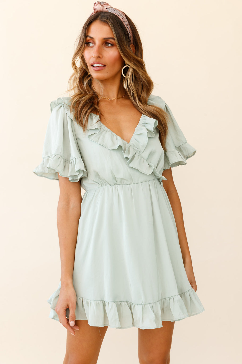 Malika Angel Sleeve Ruffle Trim Dress Pistachio by Selfie Leslie