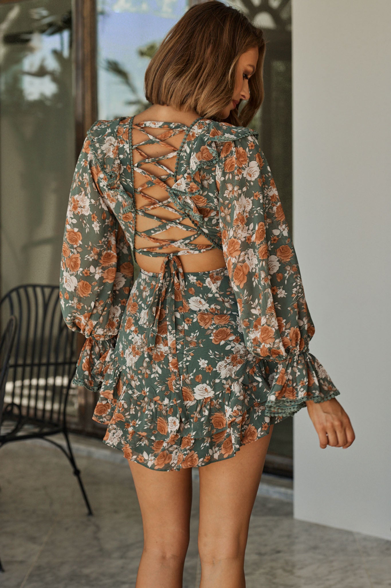 Charade Long Sleeve Corset Back Dress Floral Print Mint by Selfie Leslie