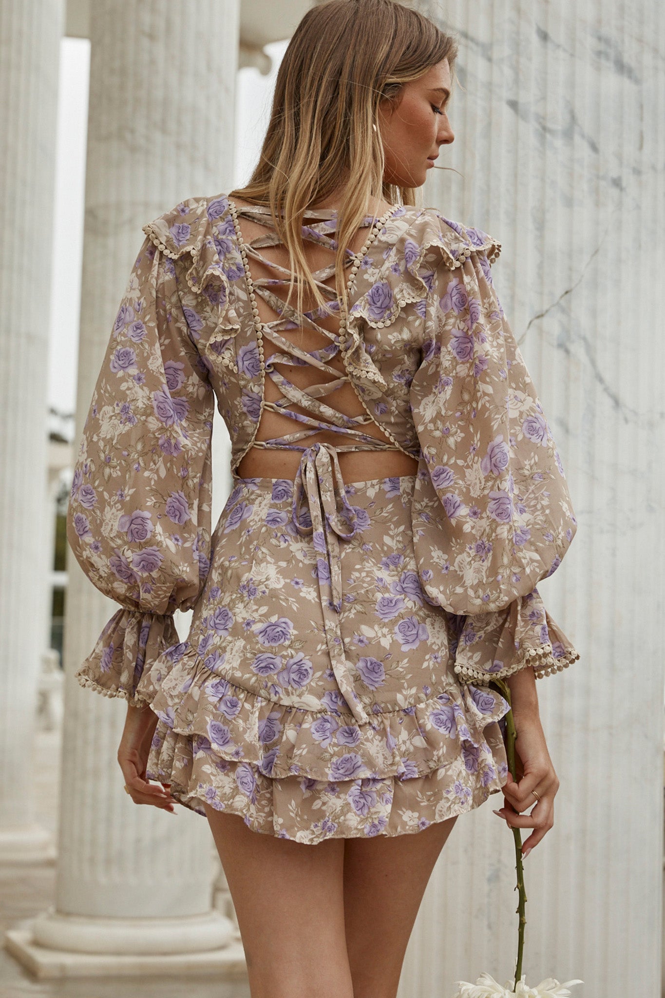 Charade Long Sleeve Corset Back Dress Floral Print Lilac by Selfie Leslie