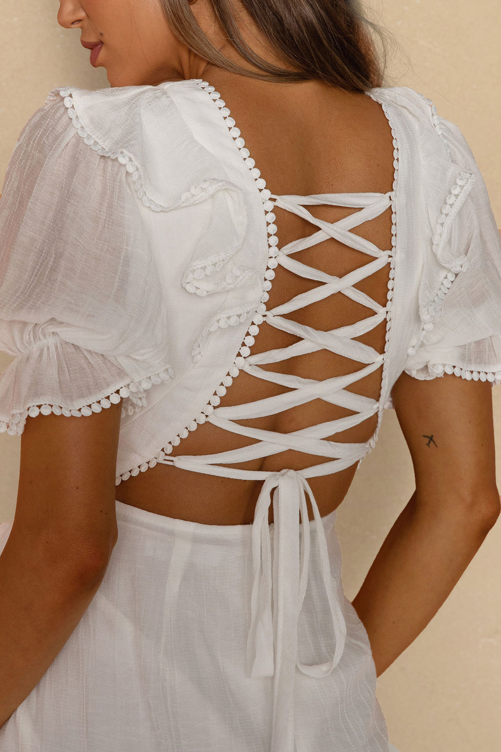 Charade Puff Sleeve Wrap Skirt Corset Back Dress White by Selfie Leslie