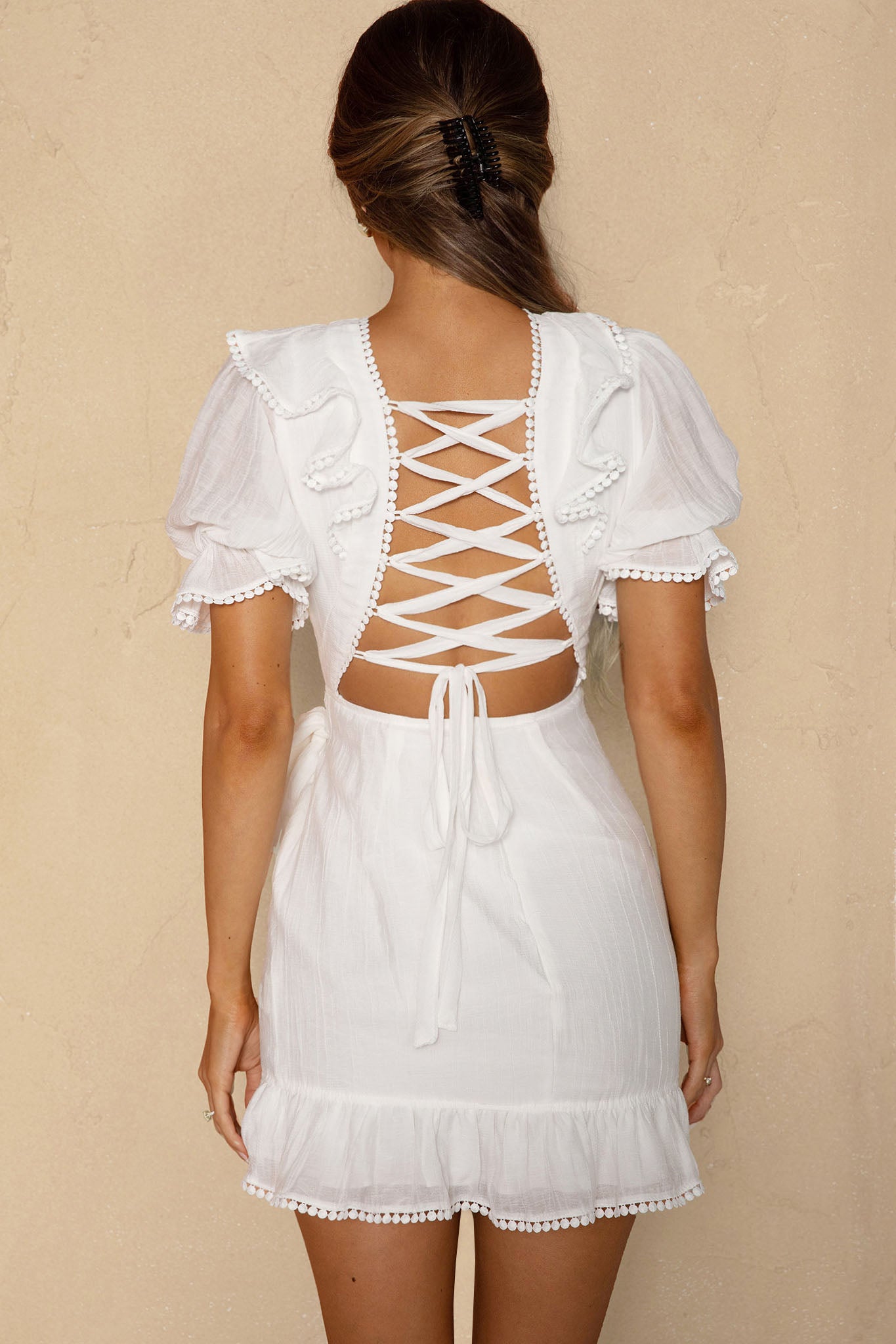 Charade Puff Sleeve Wrap Skirt Corset Back Dress White by Selfie Leslie