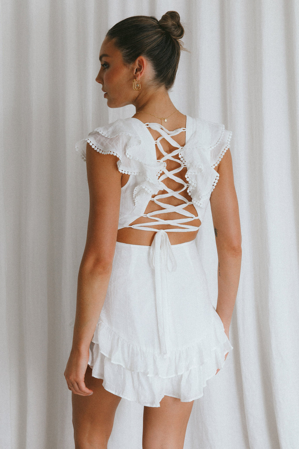Charade Ruffle Shoulder Corset Back Dress White by Selfie Leslie