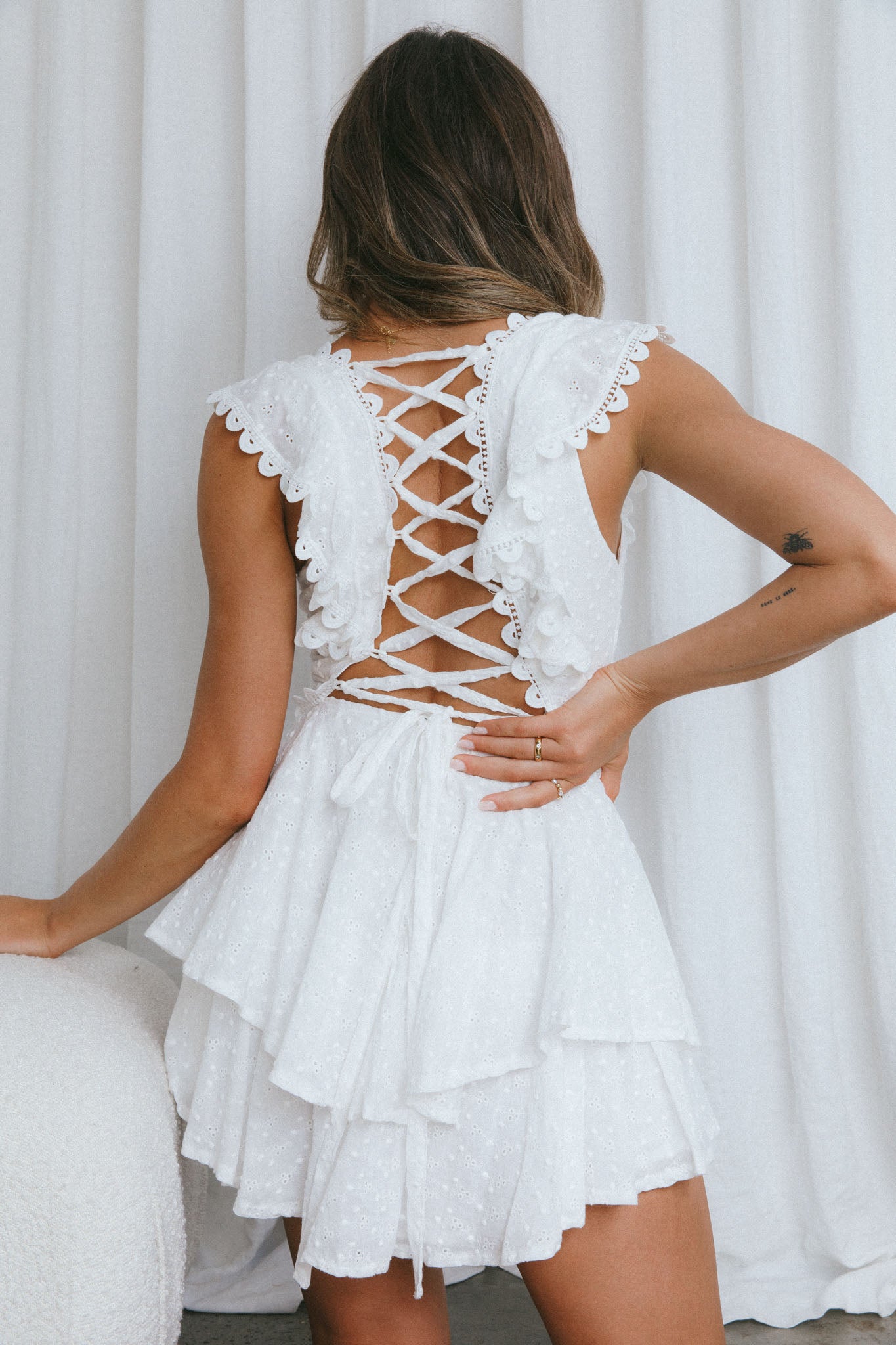 Charade Ruffle Shoulder Corset Back Eyelet Dress White by Selfie Leslie