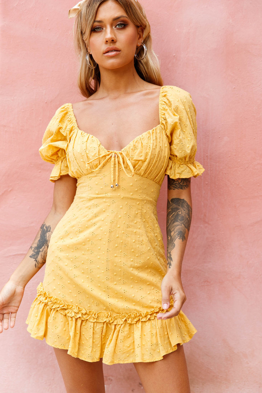 Hayden Puff Sleeve Eyelet Embroidery Dress Yellow by Selfie Leslie