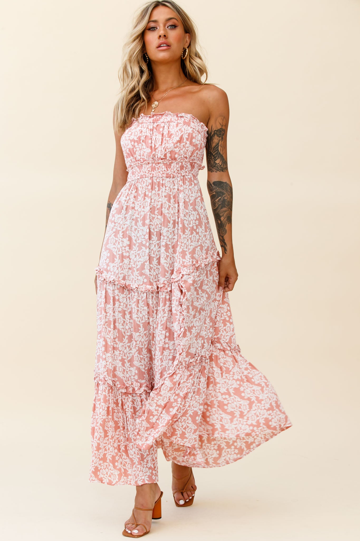 Take Me Away Strapless Maxi Dress Floral Print Blush by Selfie Leslie