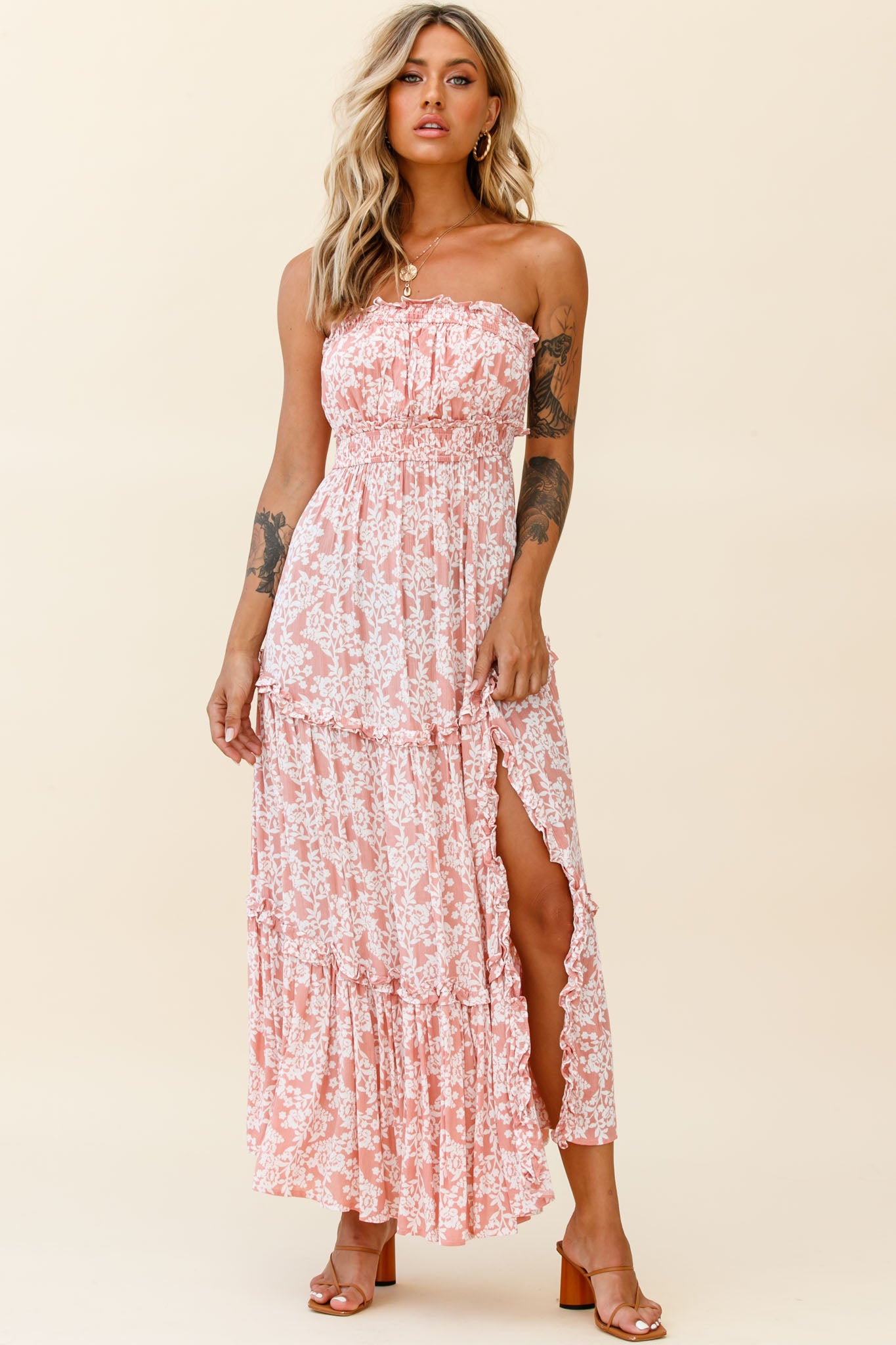 Take Me Away Strapless Maxi Dress Floral Print Blush by Selfie Leslie