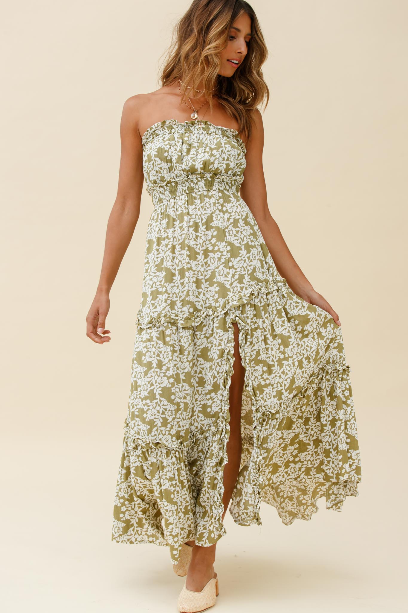 Take Me Away Strapless Maxi Dress Floral Print Green by Selfie Leslie
