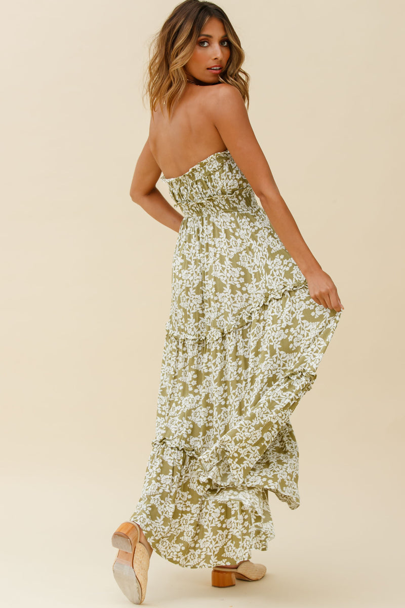 Shop the Take Me Away Strapless Maxi Dress Floral Print Green | Selfie ...