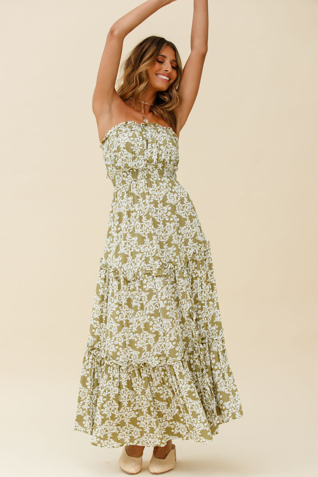 Take Me Away Strapless Maxi Dress Floral Print Green by Selfie Leslie