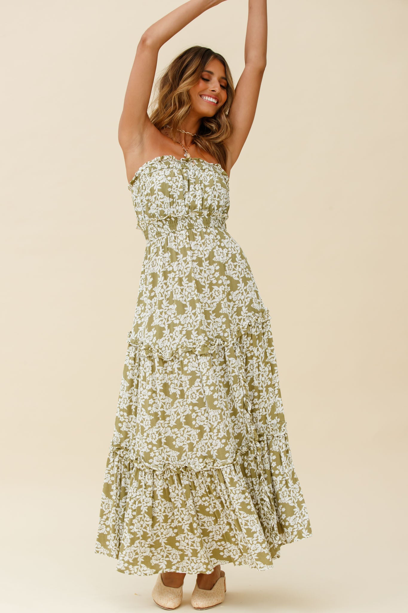 Take Me Away Strapless Maxi Dress Floral Print Green by Selfie Leslie