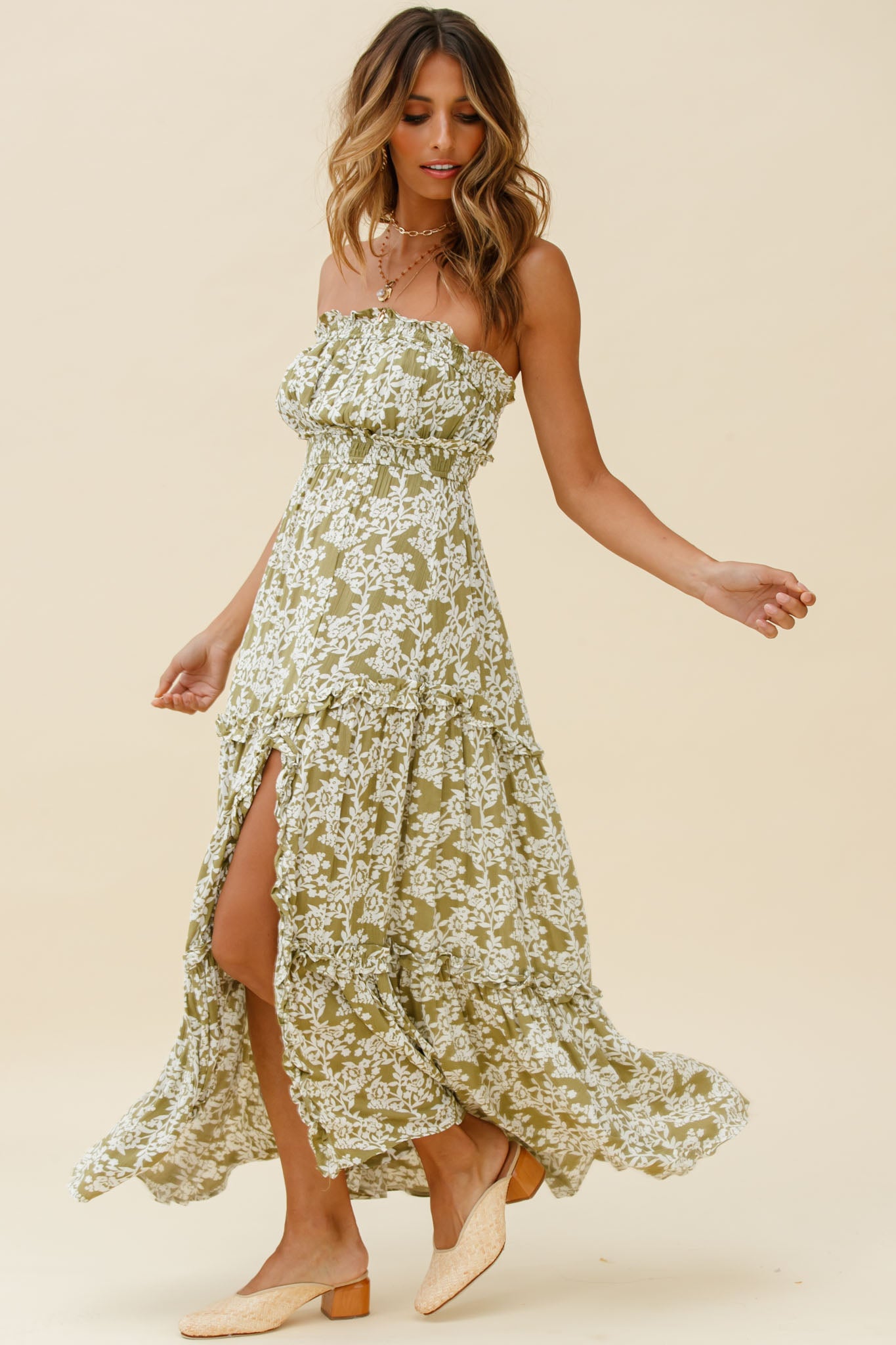 Take Me Away Strapless Maxi Dress Floral Print Green by Selfie Leslie