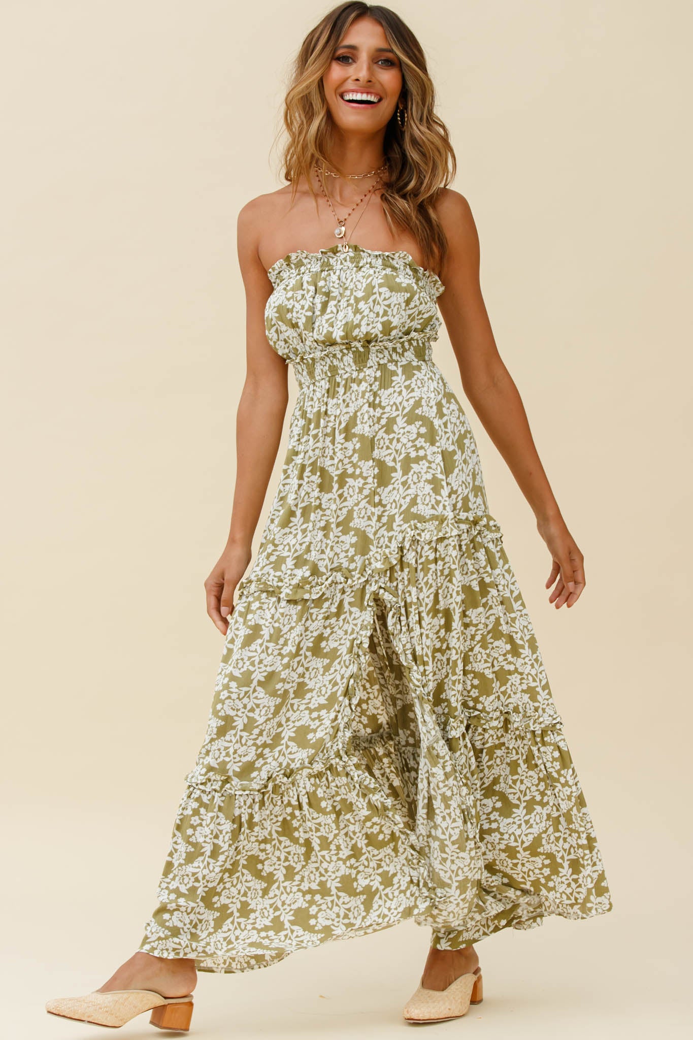 Take Me Away Strapless Maxi Dress Floral Print Green by Selfie Leslie