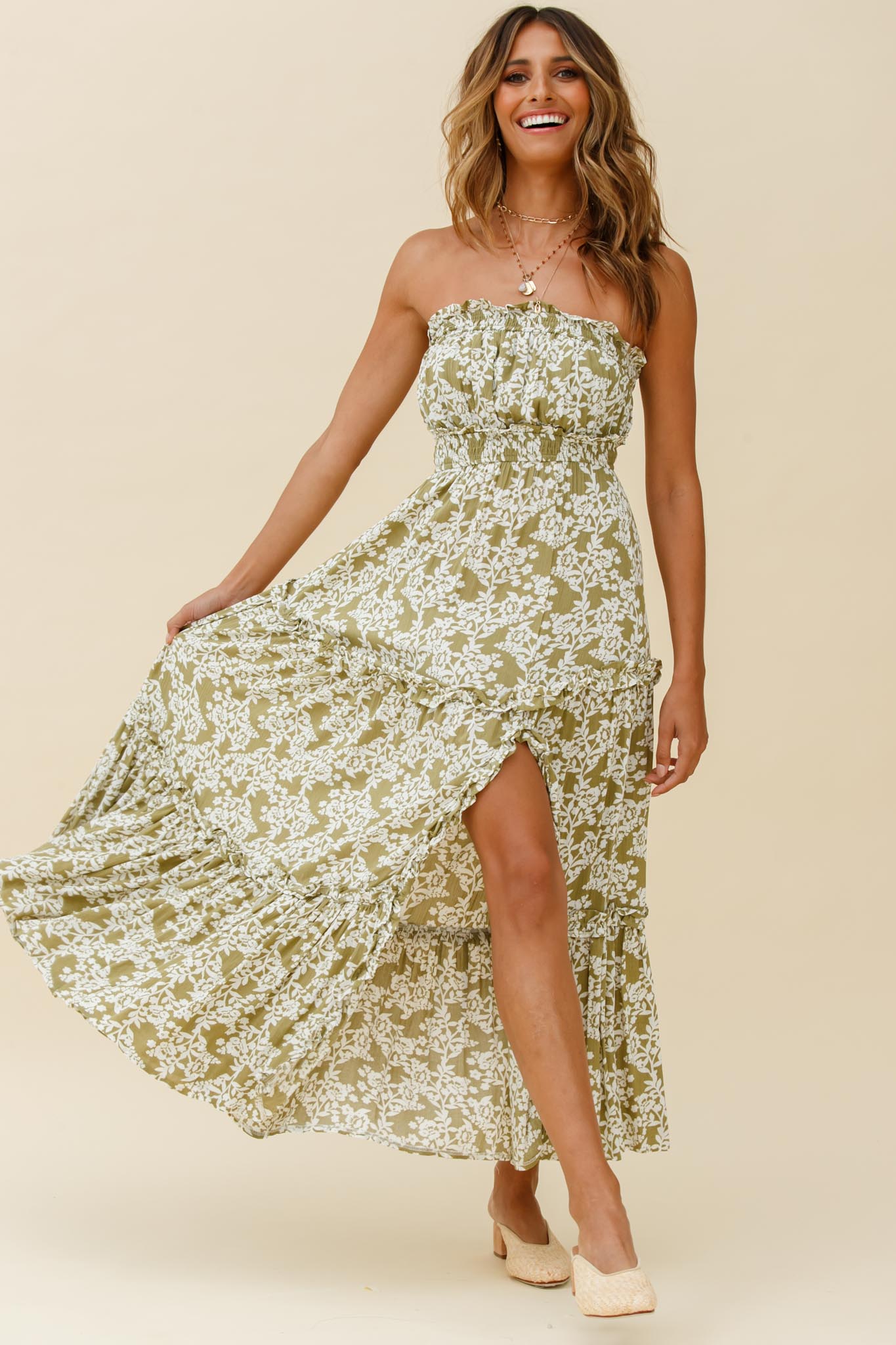 Take Me Away Strapless Maxi Dress Floral Print Green by Selfie Leslie