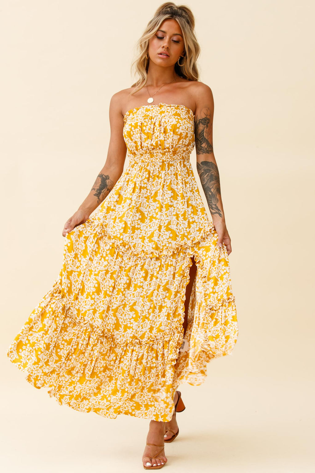 Take Me Away Strapless Maxi Dress Floral Print Mustard by Selfie Leslie