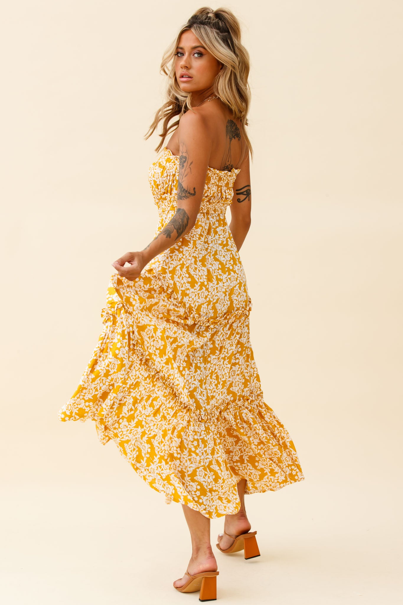 Take Me Away Strapless Maxi Dress Floral Print Mustard by Selfie Leslie