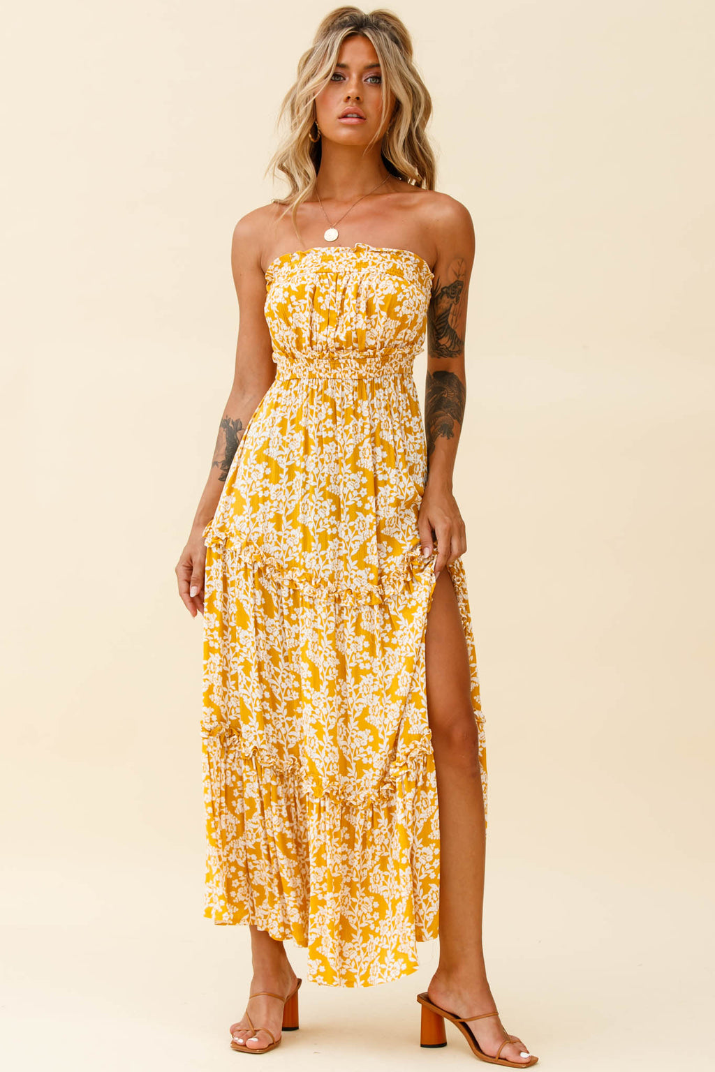 Take Me Away Strapless Maxi Dress Floral Print Mustard by Selfie Leslie