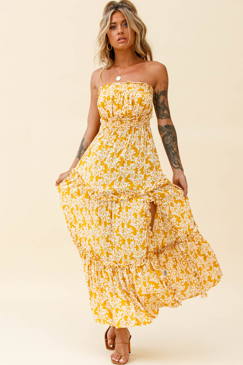 Take Me Away Strapless Maxi Dress Floral Print Mustard by Selfie Leslie