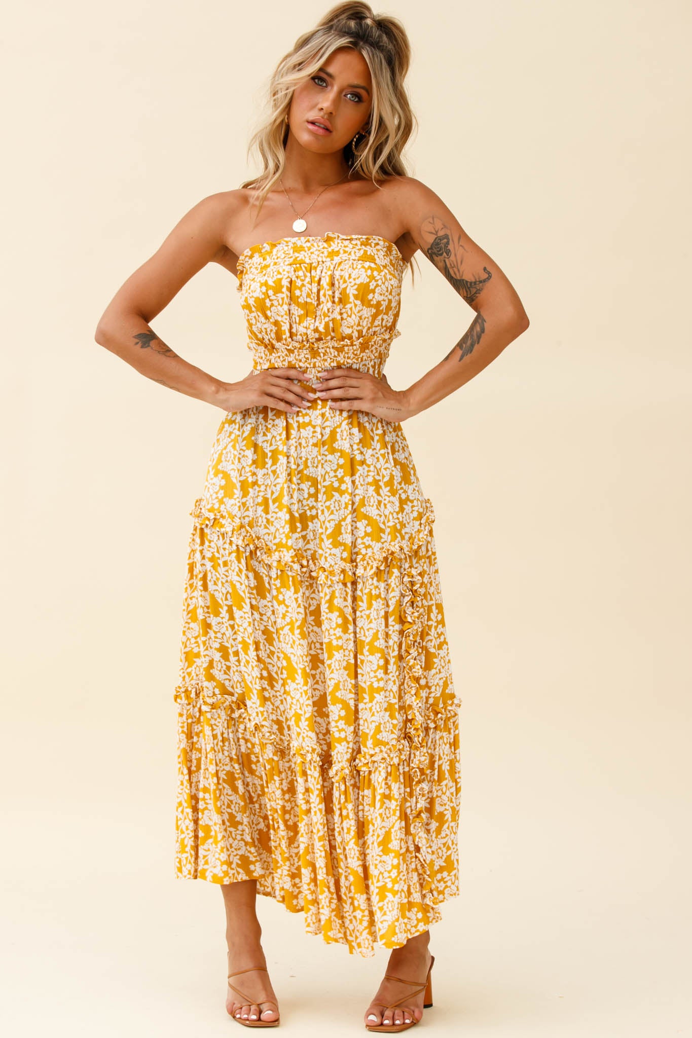 Take Me Away Strapless Maxi Dress Floral Print Mustard by Selfie Leslie
