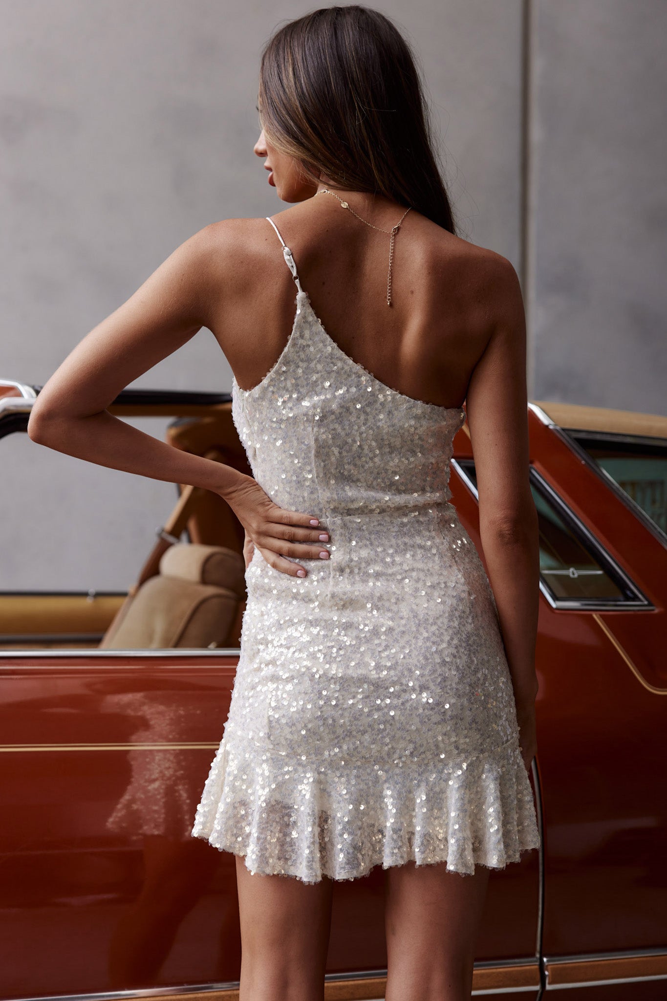 Don't Wait Up One Shoulder Sequin Dress Cream by Selfie Leslie
